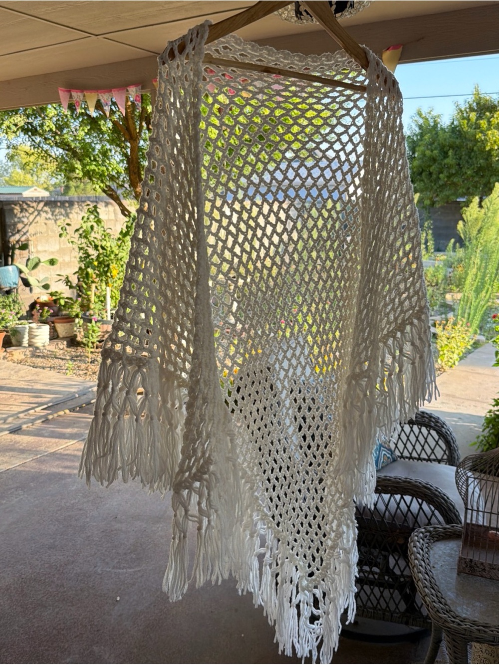 Handmade White Crochet Shawl with Fringe